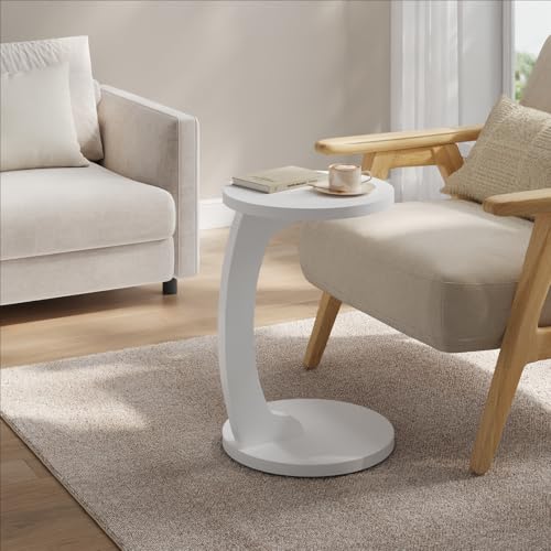 WOLTU Tavolino Laterale da Divano a Forma di C, Tavolino con Piano Rotondo, Tavolino da Salotto in MDF, Tavolo da Caffè Tavolino Piccolo per Soggiorno, Camera da Letto, 38x55cm, Bianco, BTS20ws