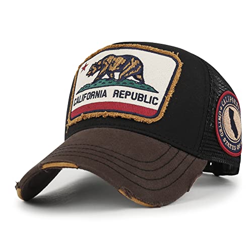 ililily Premium California Bear Embroidered Baseball Cap Vintage Trucker Hat, Black-Mesh