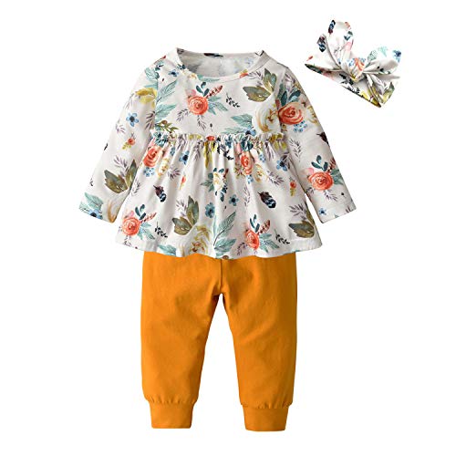 3PCS Baby Girl Clothes Ruffle Floral Shirt Tops Pants Headband Outfit Sets