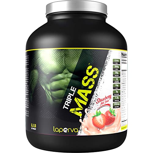 laperva Triple Mass Gainer Protein Powder High Calorie Weight Gainer with Glutamine & Added Essential Fatty Acids 1500mg Added Creatine Blend +10 gm of BCAA (Strawberry 6lb)