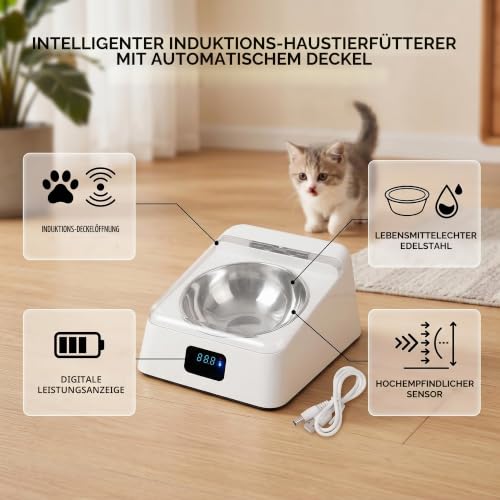 Futterautomat Katzen, Automatischer Haustier Futterspender Katzennapf mit Edelstahlnapf Infrarotsensor für Haustiere Trocken- und Nassfutterautomat Mit Offenem Deckel