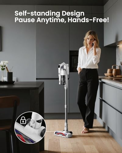 Image of Cordless Vacuum Cleaner for Home, Upgraded 60Kpa Powerful Suction Pet Hair Vacuum with 70min Runtime, Green LED Light for Hardwood Floors & Carpet, Self-Standing Rechargeable Stick Vacuum, Grey-white