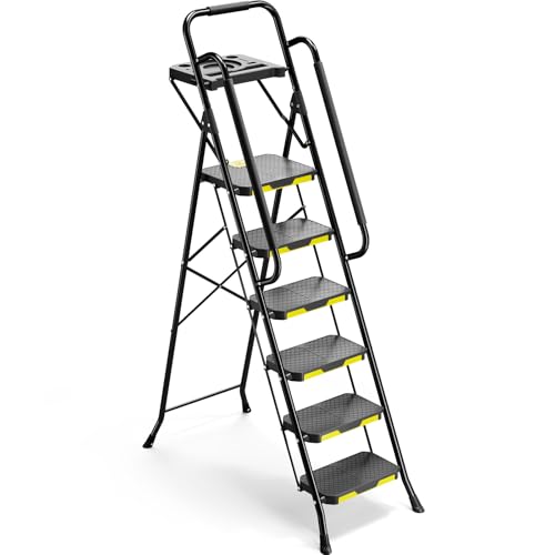 Image of 800lb Heavy Duty 6-Step Folding Ladder with Tool Platform, Comfort Handrails & Oversized Non-Slip Pedals – For Painting, Home, Garage & Outdoor