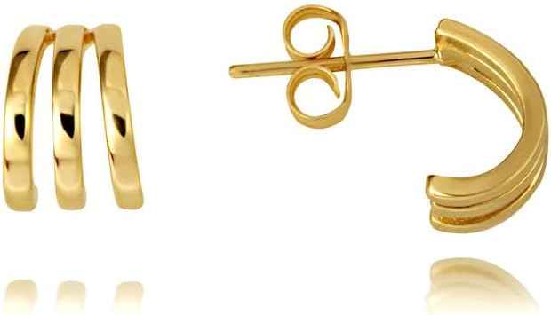 Triple Hoop Stud Earrings Real Solid 14K Yellow Gold