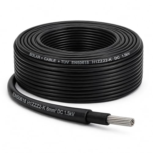 6mm Solar PV Cable EN50618 H1Z2Z2-K 1500V DC Tinned Copper Double Insulated Photovoltaic Cable for Solar Panel Installation Black 3 Metres