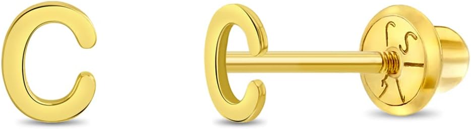 14k Yellow Gold Tiny Initial Letter Screw Back Earrings For Toddlers, Little Girls & Preteens - Personalized and Meaningful Jewelry For Young Preteen Girls - Small Letter Earrings