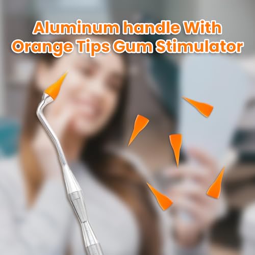 GumPick Gum Stimulator with Rubber Tip Refills - Premium Aluminum Designed Gum & Teeth Massager Stimulator - Effectively Remove Plaque & Prevent Gingivitis (4 Soft & 6 Normal Tips Included) - Orange