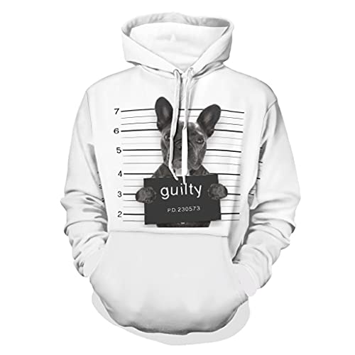 Damen Herren Kapuzenpullover Bulldogge schuldiger Hund 3D Druck Muster Pullover Slim Fit Sweater Pull Over Hoodies Kapuzen-Sweatshirt White XL Cover