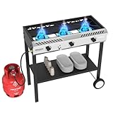 ROVSUN 3 Burner Outdoor Propane Burner with Ignition & Regulator, 225,000 BTU Powerful & Portable Gas Stove Outdoor Stand Cooker for Backyard Patio Cooking Home Camping Brewing Canning Turkey Frying