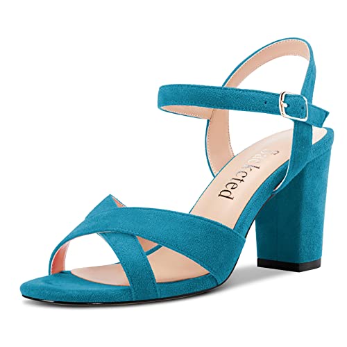 Saekcted Femmes Mi Talon Heel Bloc Chunky Ouvert Bout Slingback Sandales Lanières Cheville Boucle Dress 8 CM Heels Bleu 45 EU Cover