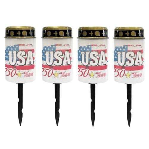 Image of Poceacles USA Flag 250 Years Print Outdoor Lights Solar Grave Candle Solar Cemetery Candles LED Automatic Patriotic Flameless Cemetery Lights for America 250th Independence Day Decor, Set of 4