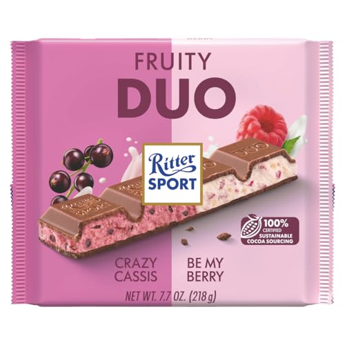 RITTER SPORT Fruity Duo, Doppio Gusto in Unica Barretta Crazy Cassis + Be My Berry, Tavoletta di Cioccolato al Latte con Fiocchi di Riso, Pezzi di Frutti Rossi e Crema di Yogurt, 218g
