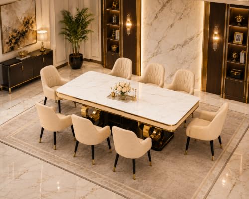 Image of 8-Seater Dining Table with Nano Composite Marble Top and PVC Golden Wooden Base |2yr Warranty - Includes 8 Fabric Upholstered Chairs