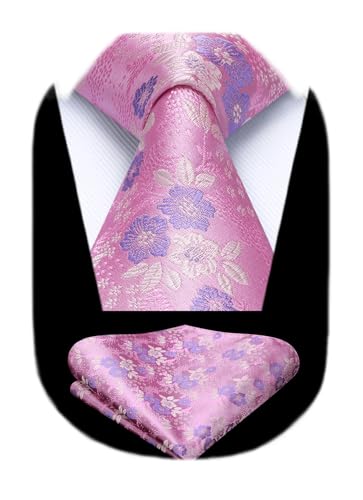 Image of HISDERN Extra Long Ties for Men Classic Floral Tie and Pocket Square Elegant Silk Necktie Handkerchief Set Wedding Party