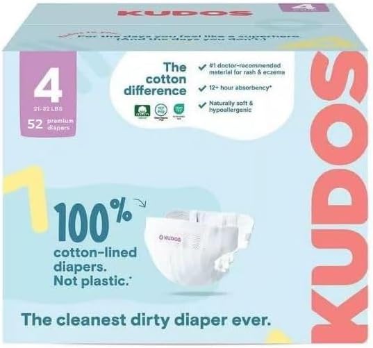 Kudos Chlorine Free Premium Diapers, Cotton-Lined, Size 4, 26 * 2=52 Count, 21-32 lbs