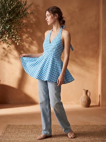 Image of Women's Gingham Halter Neck Peplum Top, Sleeveless, Casual Summer Blouse