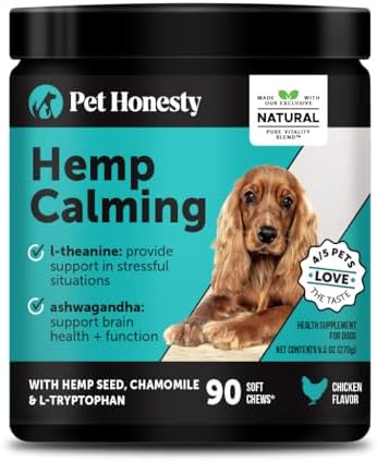 Natural Hemp Calming Chews for Dogs - Calming Aid Supplement for Occasional Anxiousness with Valerian Root, Chamomile, + Magnesium - Stress, Separation & Thunder Support - (Chicken, 90 Count)