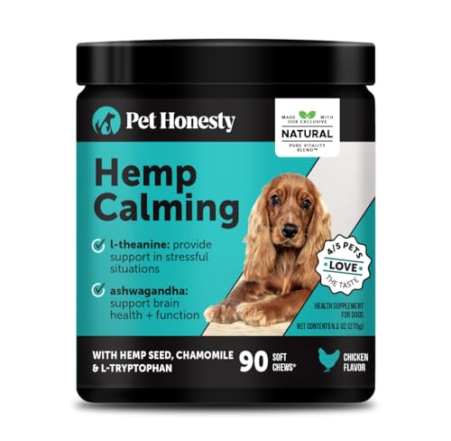 Natural Hemp Calming Chews for Dogs - Calming Aid Supplement for Occasional Anxiousness with Valerian Root, Chamomile, + Magnesium - Stress, Separation & Thunder Support - (Chicken, 90 Count)