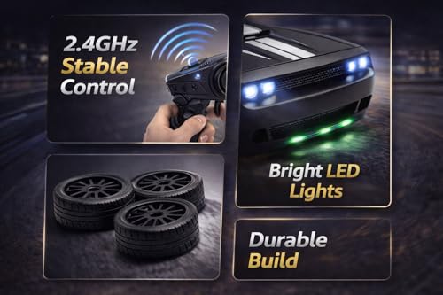 Image of 360 Remote Control Stunt Car for Kids | 1:24 RC Racing Drift Car with LED Lights, 2.4GHz Controller, Rechargeable Battery, Long Range 160ft | Gift Toy for Boys & Girls (Black)