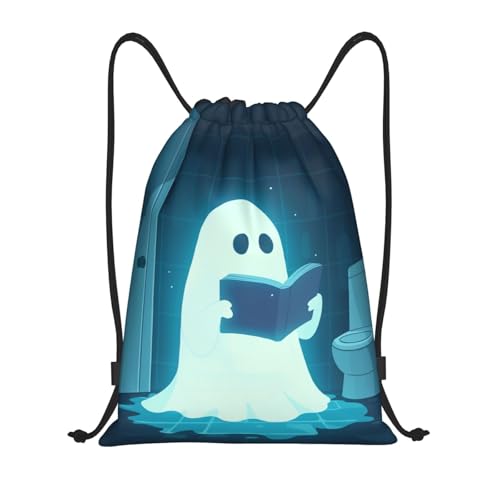 Drawstring Bag, Cute Ghost Reading In The Bathroom Design Durable Water Resistant For Sport,Travel - Lightweight Sackpack - Main Image