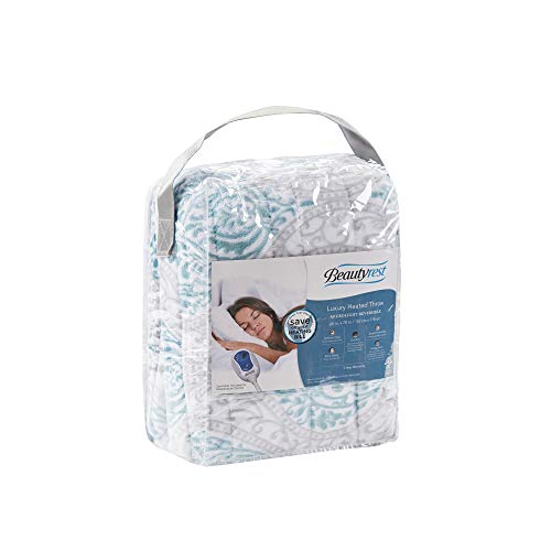 Beautyrest Senna Electric Blanket Plush Throws-Secure Comfort Technology-Oversized 60" X 70"-Damask Pattern-Cozy Soft Microlight Blankets-3-Setting Heat Controller, 60 X 70, Aqua #TOP5