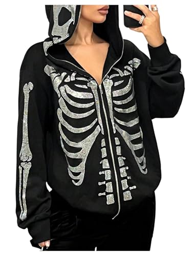 BEAUDRM Womens Skeleton Graphic Hoodie Y2k Gothic Zip Up Rhinestone Long Sleeve Hooded Sweatshirt Jacket Streetwear Black Medium