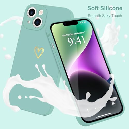 Image of Wirvyuer for iPhone 14 Case Cute Heart Pattern Soft Shockproof Slim Protective Silicone Phone Case Cover for Women Girls, Fragrant Green