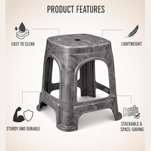 Image of PulGos Pack of 1 Grey Plastic Sitting Stool for Home, Office & Outdoor Use | Compact, Lightweight & Durable Stool for Adults & Kids | Use as Footrest, Side Table, Extra Seating for Living Room