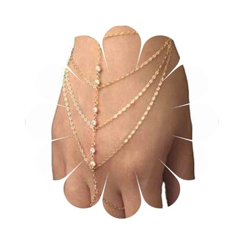 Yheakne Boho Bague Bracelet Or Strass Chaîne Esclave Bracelet Vintage Couches Gland Bague Personnalisée Bijoux Chaîne à Main pour Femmes et Filles Cadeaux...