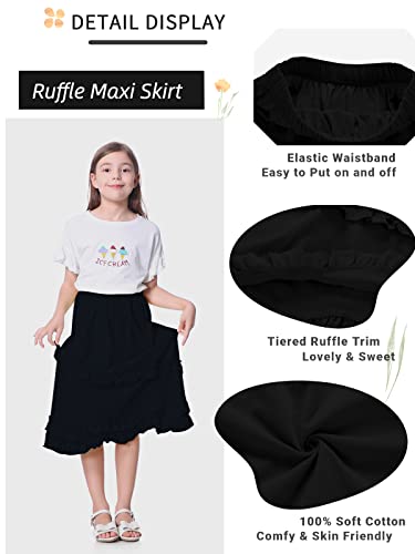 Unacoo Girls Skirts Combed Cotton Casual Midi Swing Skirt Soft Flowy Long Skirts Tiered Ruffle Maxi Skirts Girls Outfit Kids With Elastic Waist For 3-4 Year Black Xs #TOP2