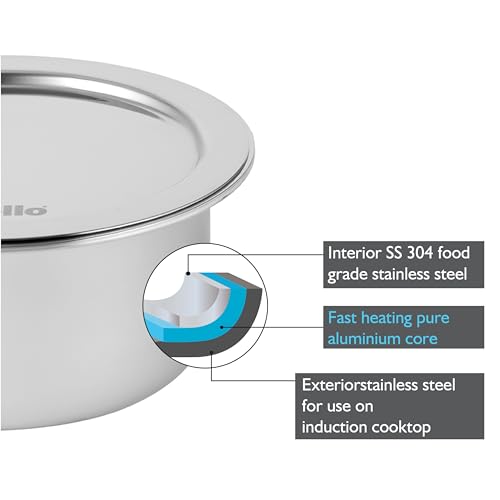 Image of Cello Tri-Ply 14 cm Stainless Steel Cookware Tope with Lid 1 LTR | Tri-Ply Bottom Tope with SS Lid | Induction and Gas Stove Friendly | Dishwasher Safe | Silver