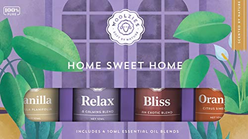 Woolzies 100% Pure Undiluted Home Sweet Home Essential Oil Set of 4 | Vanilla, Relax, Bliss & Orange Oils | Uplifting, Refreshing, Energizing, Calms Emotions | Therapeutic Grade |For Diffusion/Topical