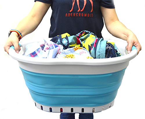 Image of SAMMART 36L (9.5 gallon) Collapsible 3 Handled Plastic Laundry Basket-Foldable Pop Up Storage Container /Organizer-Space Saving Basket (3 handled Oval, Grey /Bright Blue)