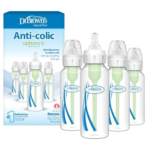 Dr. Brown’s Natural Flow® Anti-Colic Options+™ Narrow Baby Bottles 8 oz/250 mL, with Level 1 Slow Flow Nipple, 4 Pack, 0m+