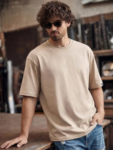 Image of Bewakoof, Men's Solid Oversized Fit Half Sleeve Round Neck Polycotton|| T-Shirt