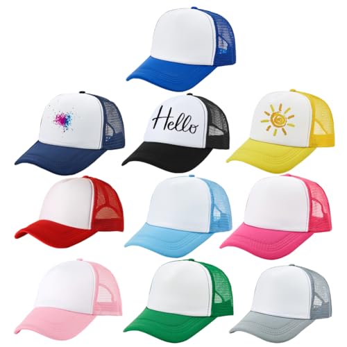 Besforta 10 Stück Kinder Sublimations-Trucker-Mütze, Netzgewebe, verstellbar, blanko, einfarbig, Baseballkappen für Heimwerker, Mehrfarbig, Einheitsgröße