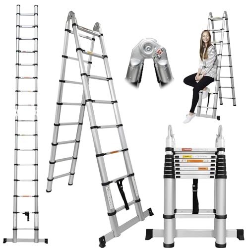 A Frame Telescopic Ladder 5M (2.5M+2.5M) Extension Folding Ladder Multi Purpose Aluminum Loft Ladder, Portable 2x8 Steps Foldable Ladders Extendable Tall Roof Ladder with Stabilizer, Max Load 330lbs
