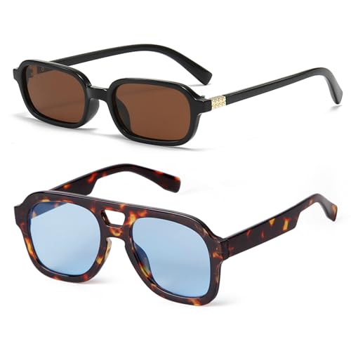 JUDOO Brown Retro Rectangle Sunglasses for Women Mens, Trendy Oversized