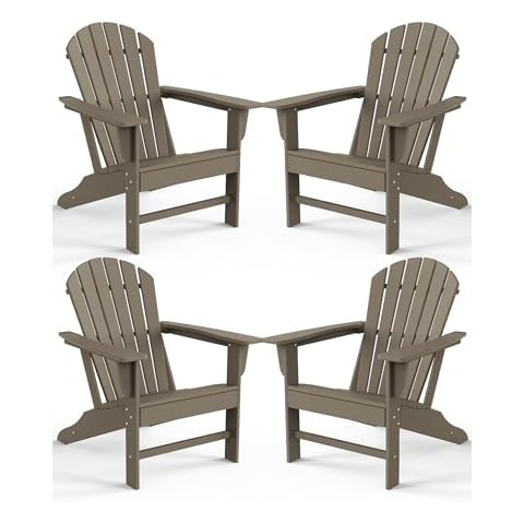 Farmhouse Adirondack Chair Set of 4, Poly Lumber Patio Chairs, Pre-Assembled Weather Resistant Outdoor Chairs for Pool, Deck, Backyard, Garden, Fire Pit Seating, Weather Wood Cover