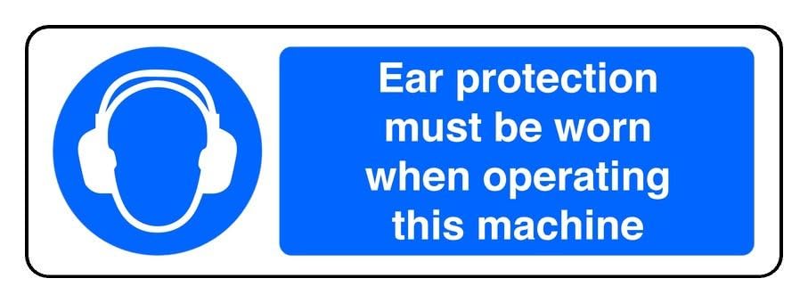 Ear Protection Must Be Worn When Operating This Machine - safety sign - 1.2mm Rigid plastic for indoor/outdoor usage (600mm x 200mm) Viewing Distance within 14m.