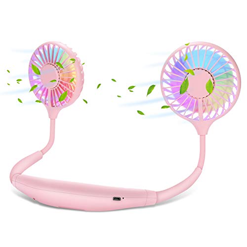Neck Fan  Portable & Rechargeable USB Mini Personal Fan, Battery Operated with 3 Level Air Flow & 7 LED Lights, JIMMIDDA Upgraded Version for Home, Office, Travel, Indoor & Outdoor (Pink)