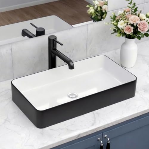 Lepuday Bathroom Vessel Sink Rectangular 24\"x14\" Above Counter Vanity Sink Black And White Porcelain Ceramic Lavatory Vanity Sink