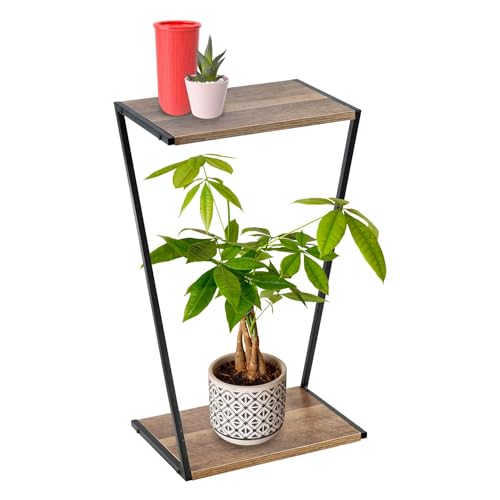Image of GEEZY 2 Tier Wooden Plant Stand - 50cm Tall Tiered Pot Table with Modern Z Shaped Design for Flowers, Ornaments, Candles - Indoor Plant Stands for Lounge, Bedroom, Living Room & Housewarming Gift
