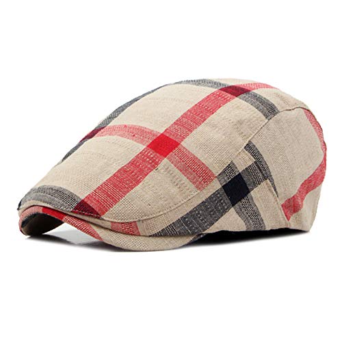 Image of Gudessly Mens Adjustable Colorful Striped Plaid Ivy Newsboy Cabbie Gatsby Golf Cap Flat Cotton Hat Thin Cap