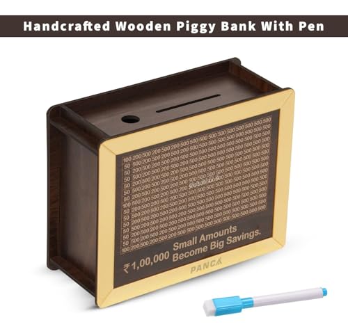Image of PANCA Money Saving Box Wooden for Kids & Adults | Piggy Bank with Lock | Big Size 1 Lakh-2 Lakh Target Saving Box with Numbers | Undiyal Hundi for Home