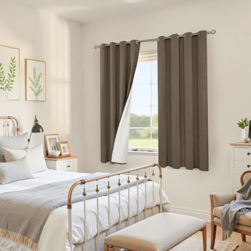 Image of YoungsTex Brown Linen Blackout Curtains 63 Inches Long for Bedroom, Room Darkening Window Drapes with Grommet Thermal Insulated Black Out for Living Room, 2 Panels, 52 X 63 Inch