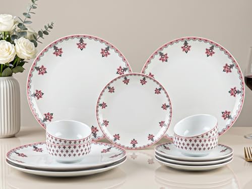 Image of Bodhi House Premium Porcelain Dinner Set 12 Pieces Serving for 4 | Pink Blossom Floral Design | Microwave & Dishwasher Safe | Crockery Set | Dinnerware Set for Home, Dining, Kitchen & Gifting