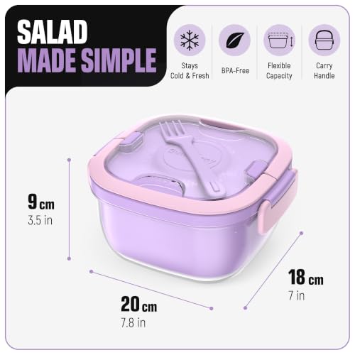 Image of Salad Container with Ice Pack & Handle, 6.8 Cup / 1600ml Large Portable Salad Bowl Lunch Box with Lid, Fork Holder & Sauce Cup, 4-Compartment Removable Tray Meal Prep Bento Box, Purple