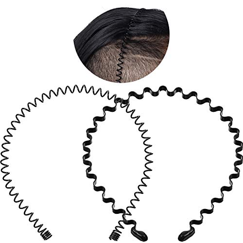 2 Pack Metal Headbands Wavy Hairband Spring Hair Hoop Black Unisex Men Women Slicked Back Headband Elastic Non Slip Outdoor Sports Fashion Yoga (Waved, Large Spring)