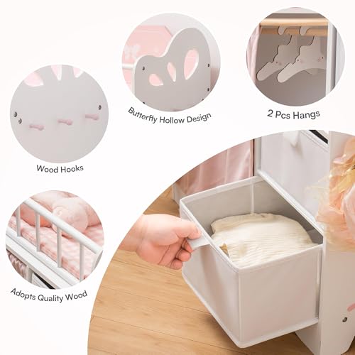 ROBOTIME Baby Doll Crib, Wooden Doll Bed, Toy Baby Crib with Storage, Bedding, and Wooden Hooks, Doll Crib Fits Dolls up to 21", Doll Furniture for American Girls Ages 3+ (Pink)